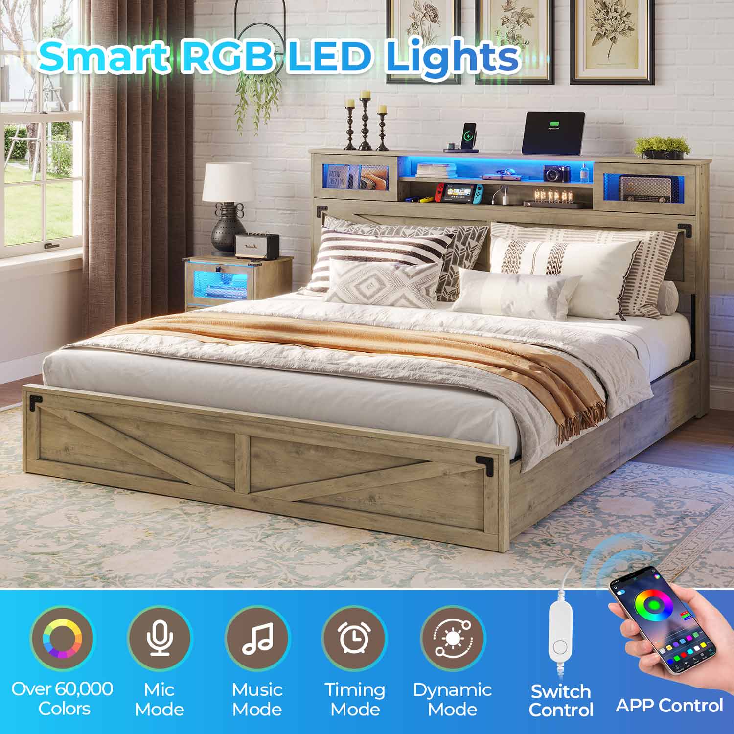 Sikaic Bed Frame Farmhouse Wooden Platform Bed Frame with Bookcase Sliding Door Headboard Drawers LED Lights Charging Station Rustic Oak