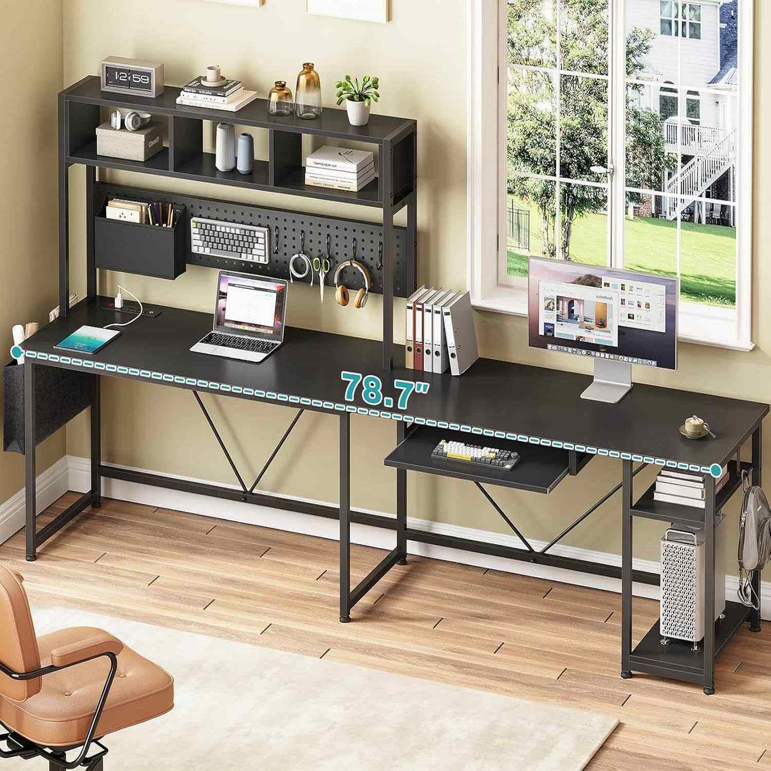 Sikaic Gaming Desk 57.5 Inches Reversible L Shaped Gaming Desk with LED Lights and Power Outlet Black Black / Engineered Wood / Modern