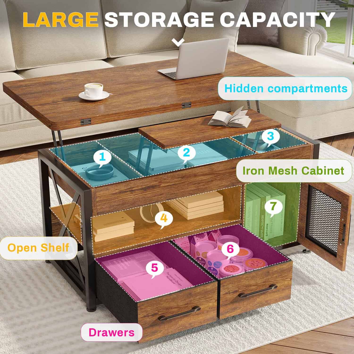 Sikaic Coffee Table 40 Inches 4 in 1 Lift Top Coffee Table with Storage Cabinet 2 Fabric Drawers & LED Light for Dining Room Brown