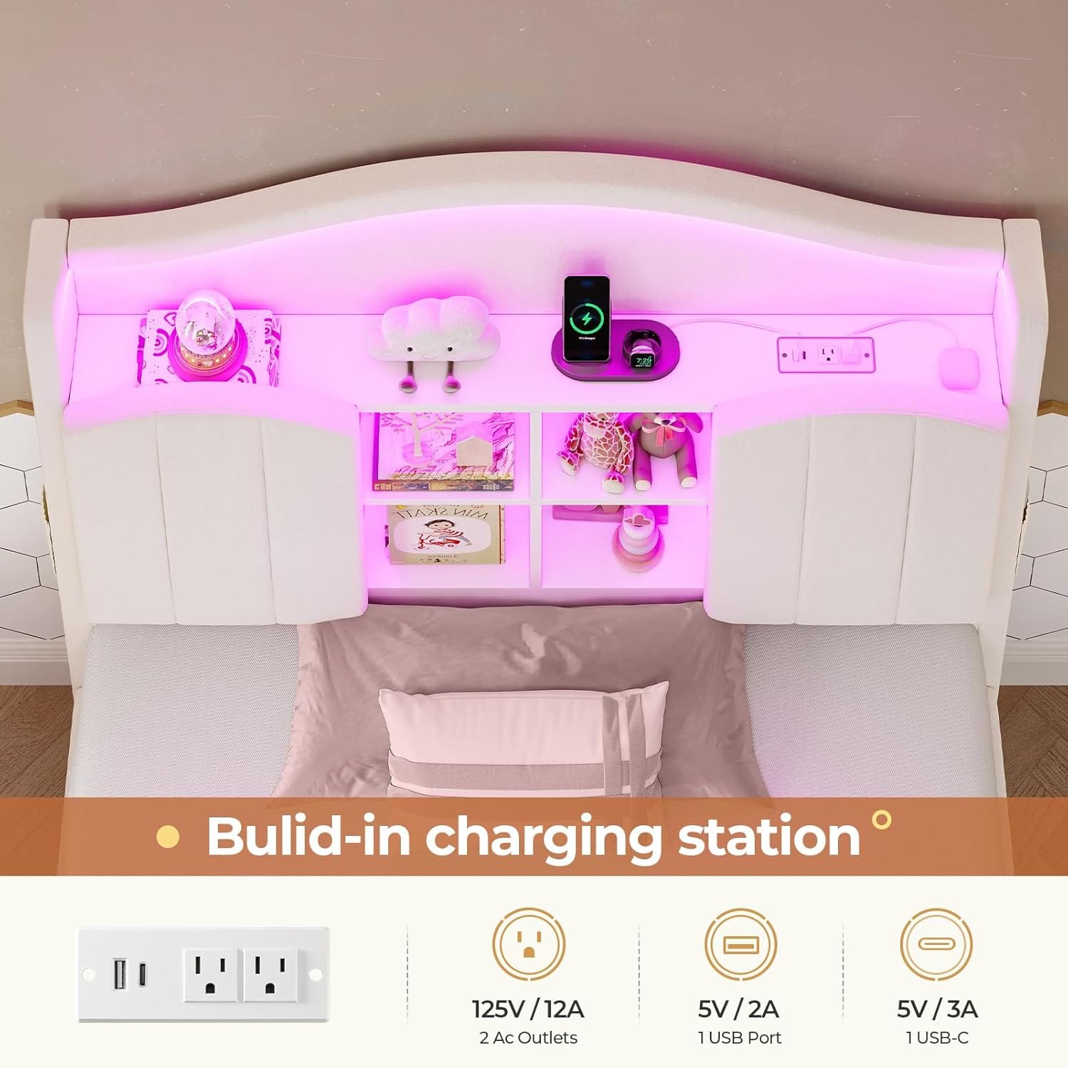 Sikaic Bed Frame Twin Size LED Bed Frame with Charging Station and Storage Headboard White White / Engineered Wood / Modern