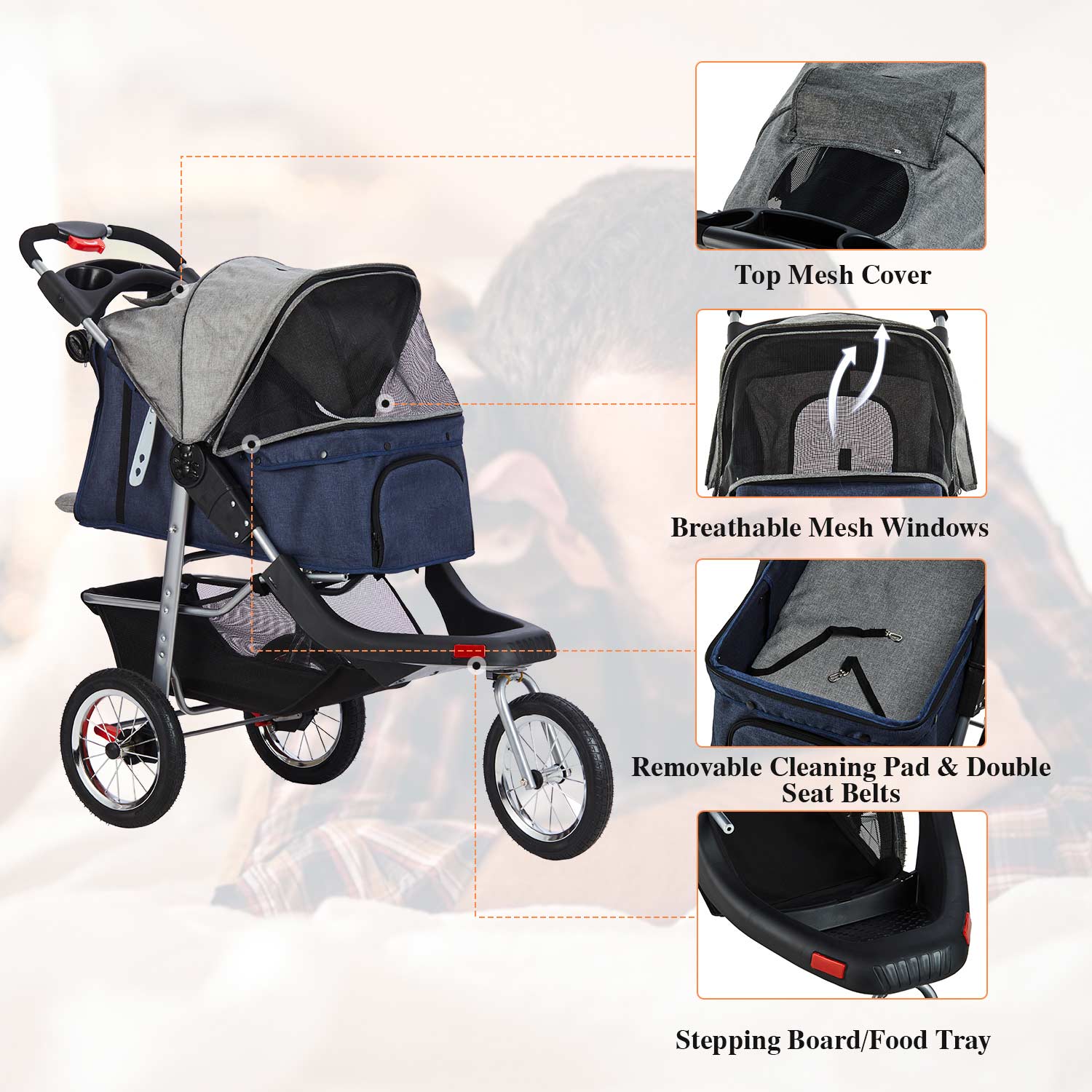 Sikaic Pet Stroller Pet Stroller Folding Traveling Cart with Storage Basket Blue Grey