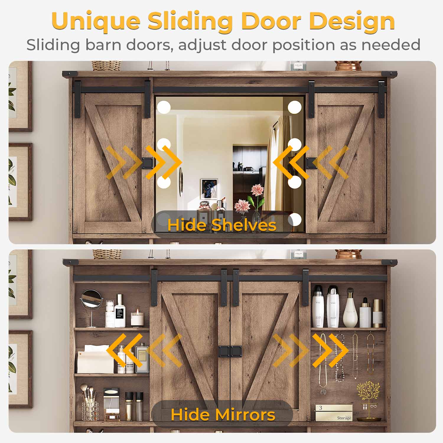 Sikaic Makeup Vanity Sliding Mirror Makeup Vanity with Lights & Barn Doors Charging Station Jewelry Hooks and Open Storage Shelves Brown