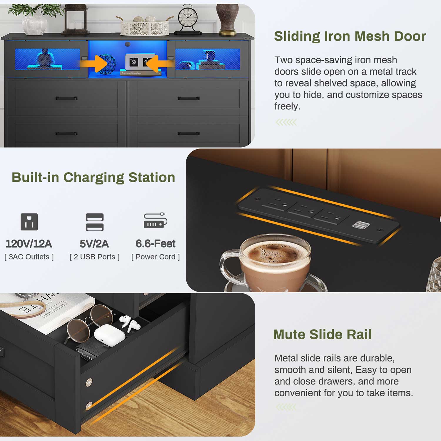 Sikaic Dresser 6 Drawers LED Dresser with Charging Station and 2 Sliding Doors for Bedroom Black Black / Engineered Wood / Modern