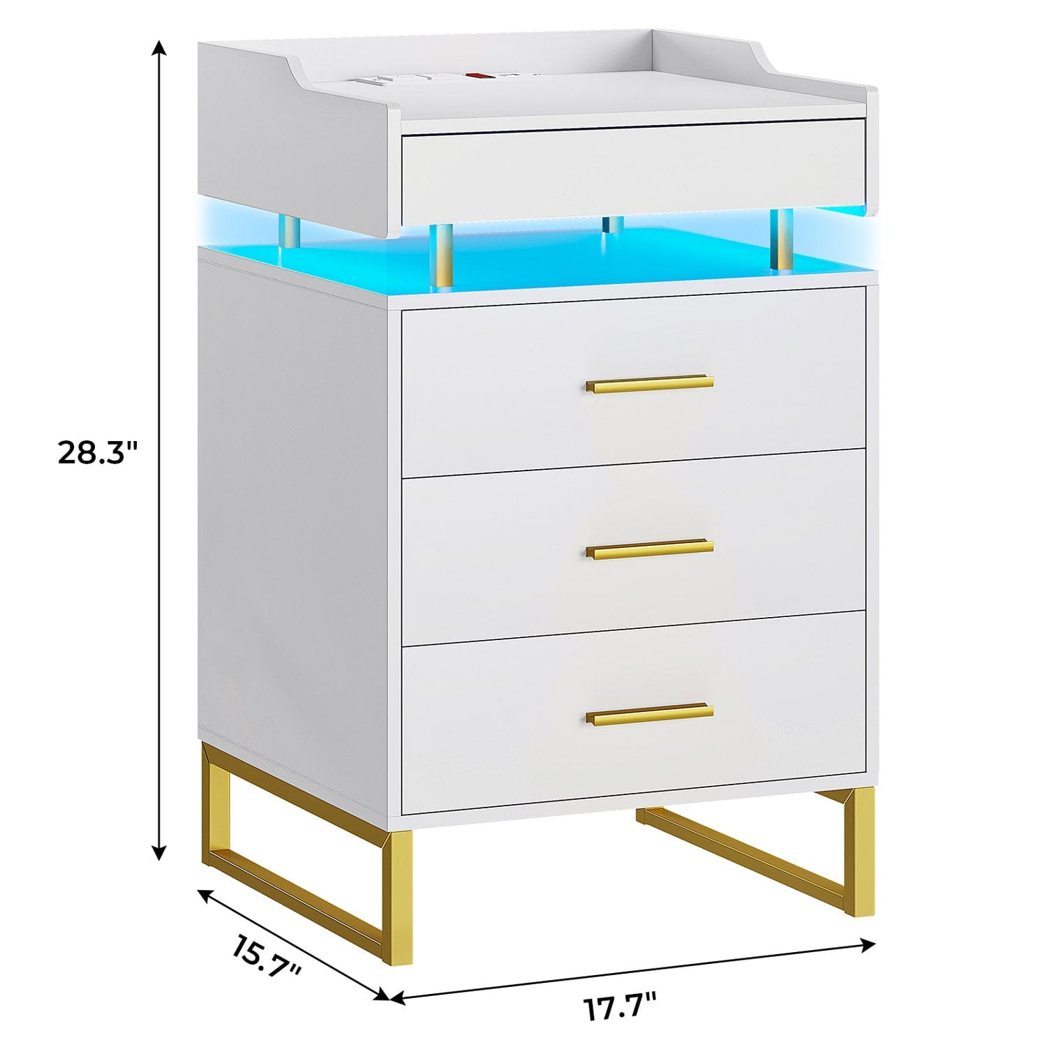 Sikaic Nightstand LED Nightstand with Charging Station and 3 Drawers and 1 Pull-Out Tray White and Gold