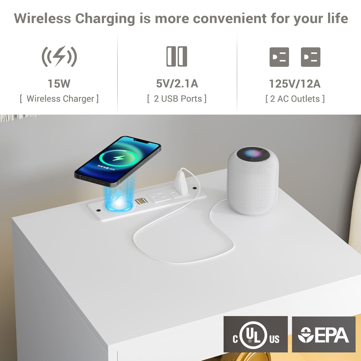 Sikaic Nightstand Nightstand with Pull-Out Shelf Wireless Charging Station and LED Lights White