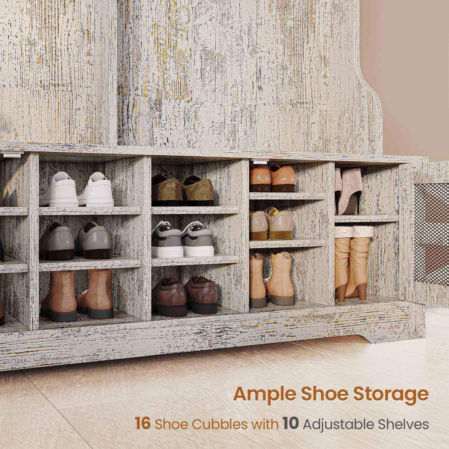 Sikaic Hall Tree 59.1 Inches 5-in-1 Hall Tree with Bench and 16 Shoe Cubbies Coat Hooks Barn Door & Adjustable Shelf Vintage White