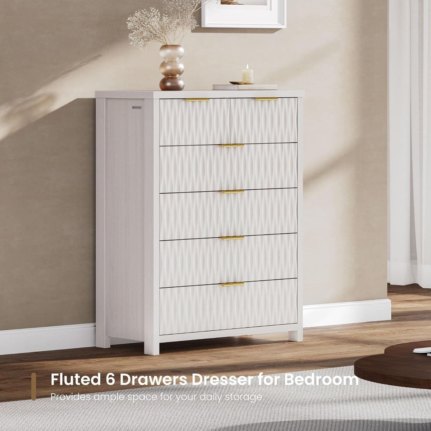 Sikaic Dresser Fluted Tall Dresser with 6 Drawers White White / Engineered Wood / Modern