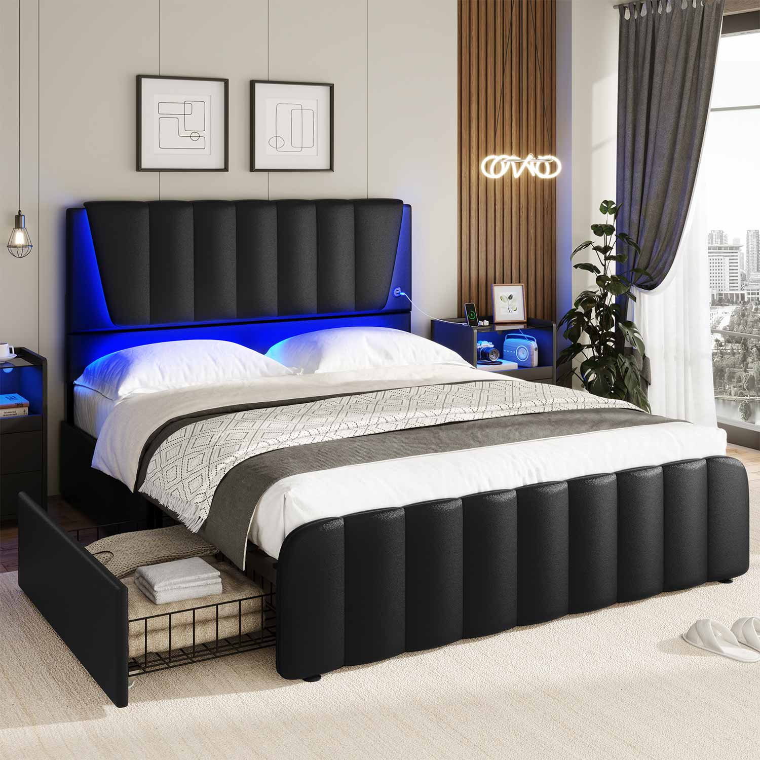 Sikaic Beds & Bed Frames LED Bed Frame with USB Ports Adjustable Headboard and 4 Storage Drawers Black