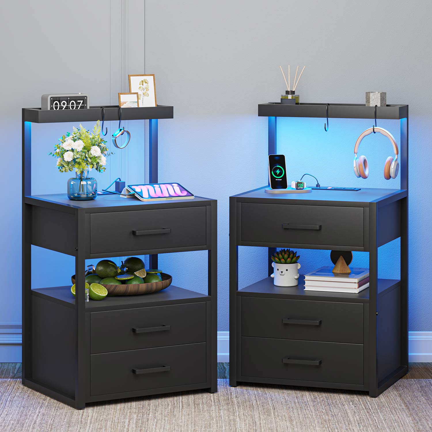 Sikaic Nightstand LED Nightstand with Charging Station 2 USB Ports and 2 AC Outlets And 3 Drawers Open Storage Black