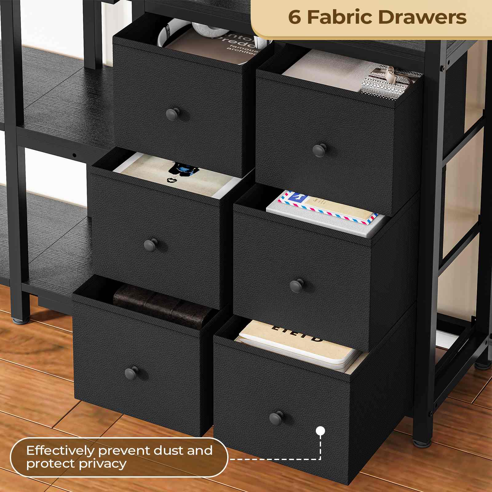 Sikaic Bookshelf 6 Tier Industrial Convertible L Shaped Corner Bookshelf with 6 Fabric Drawers Black Black / Engineered Wood / Modern