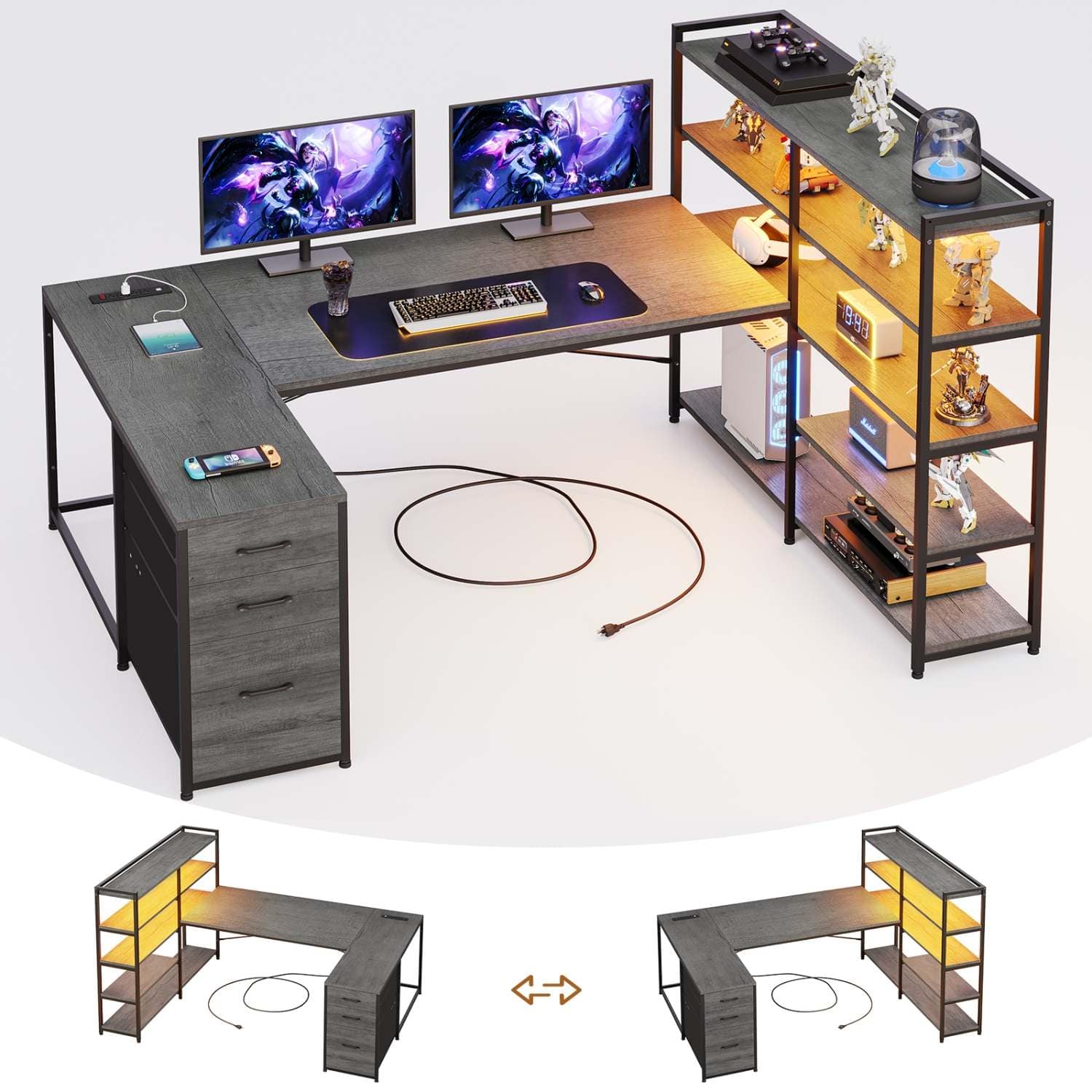 Sikaic Gaming Desk 64.5 inches Reversible Gaming Desk Grey Grey / Engineered Wood / Modern