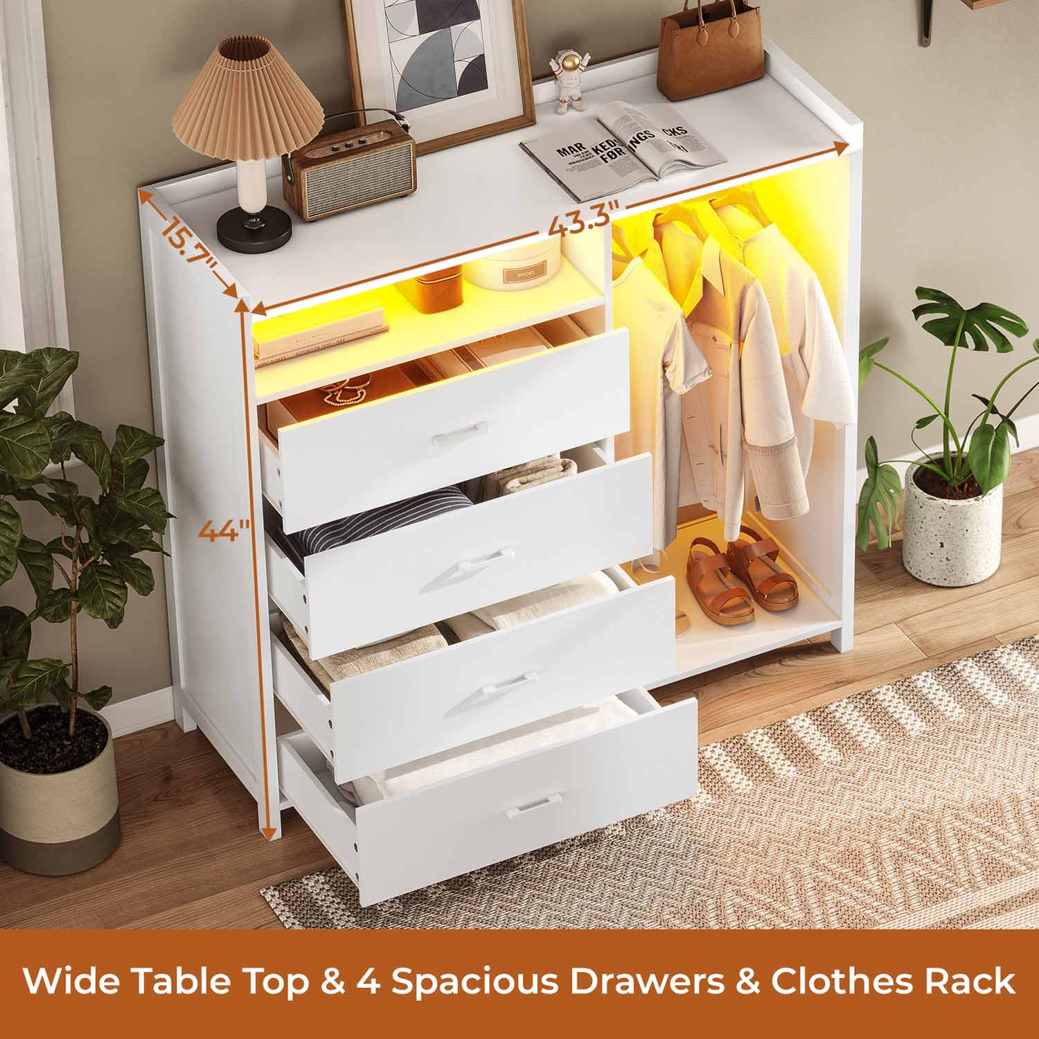 Sikaic Dresser 4 Drawers Long LED Lights Dresser with A Clothes Rack & Anti-Toppling Measures White
