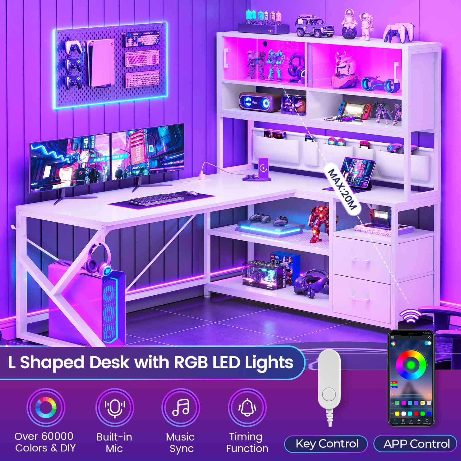 Sikaic Gaming Desk LED L Shaped Gaming Desk White White / Engineered Wood / Modern