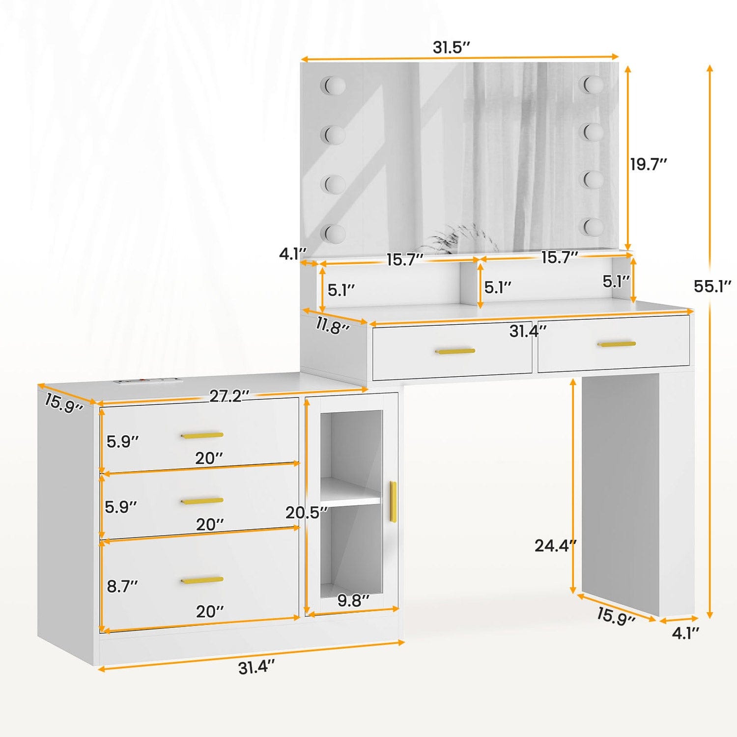 Sikaic Makeup Vanity LED Makeup Vanity Dresser with Mirror and Charging Station & 5 Drawers Cabinet Storage White