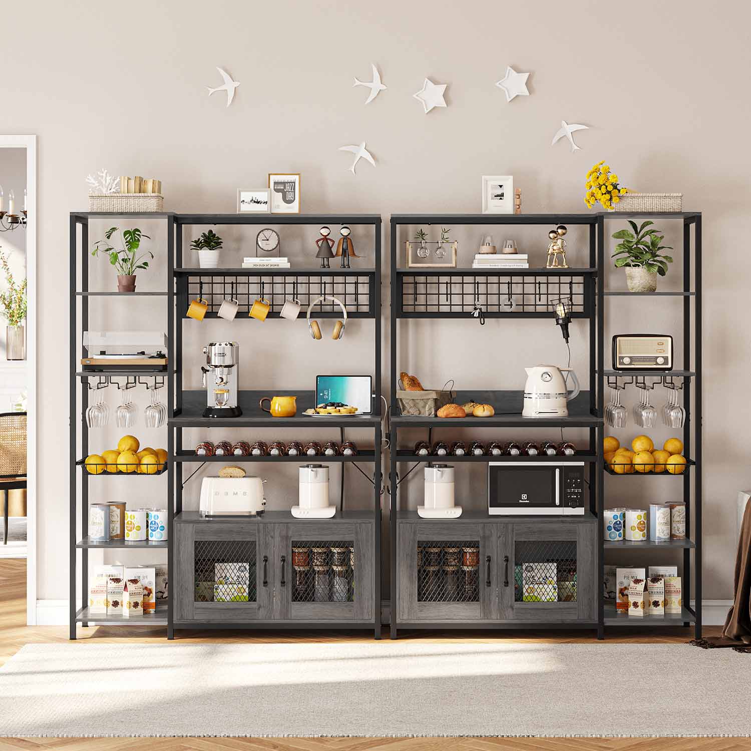 Sikaic Coffee Bar Coffee Bar Bakers Rack with Power Outlet Kitchen Microwave Stand Wire Basket Metal Grid Wine Rack Goblet Holder Hooks Grey