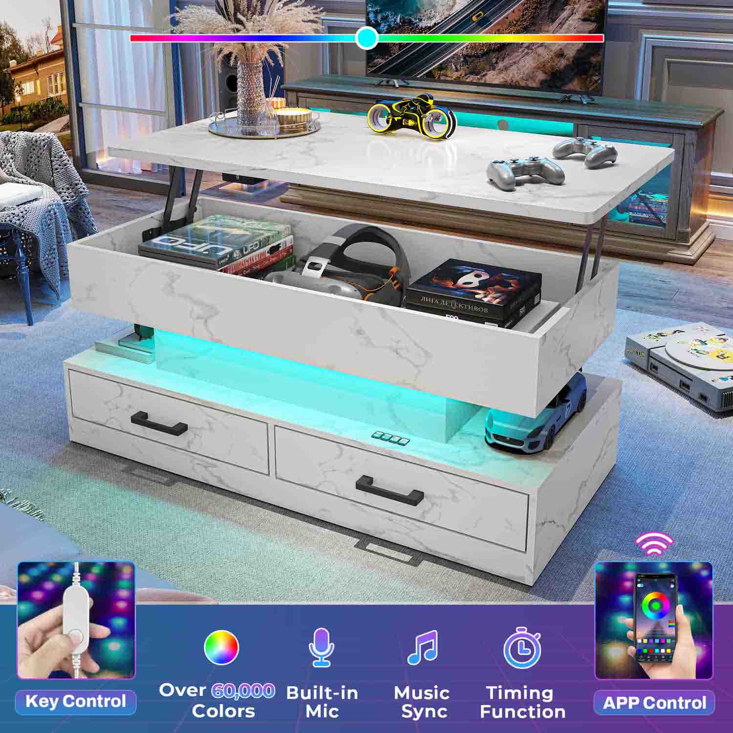 Sikaic Coffee Table 40 Inches Lift Top Coffee Table with 2 Fabric Drawers and LED Light White Marble