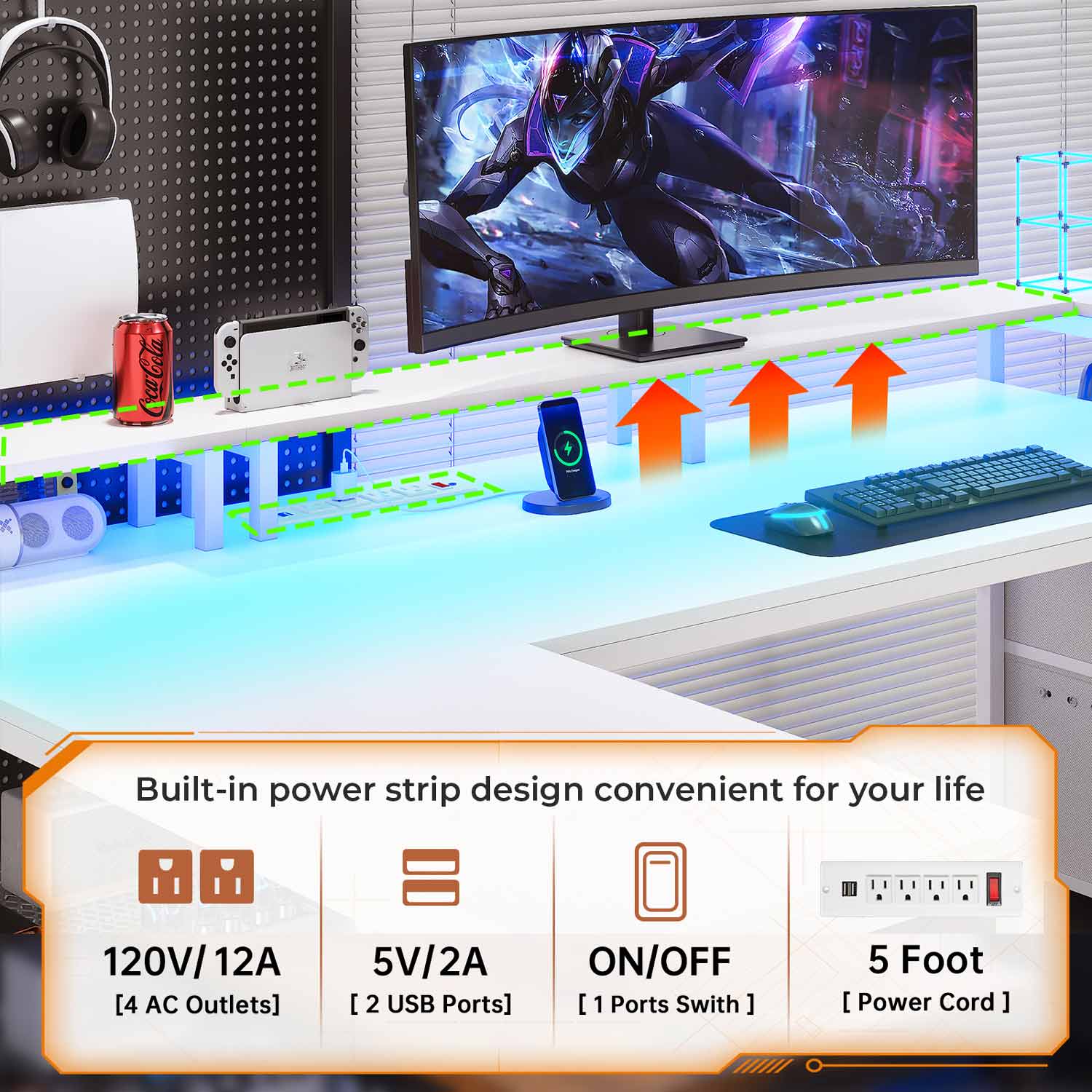 Sikaic Gaming Desk 67 Inches Reversible L Shaped Gaming Desk with Power Outlet LED Lights & Drawers Storage Shelves White