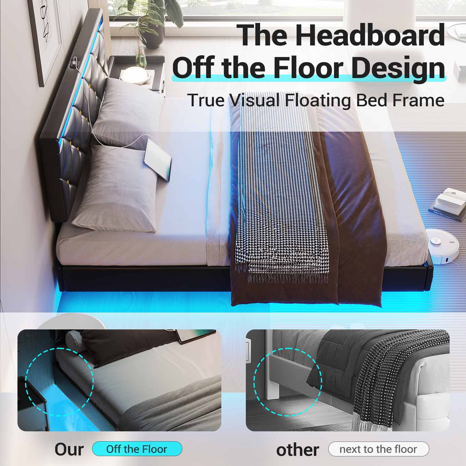 Sikaic Beds & Bed Frames Floating Full LED Bed Frame with Outlets Leather Upholstered Headboard Black