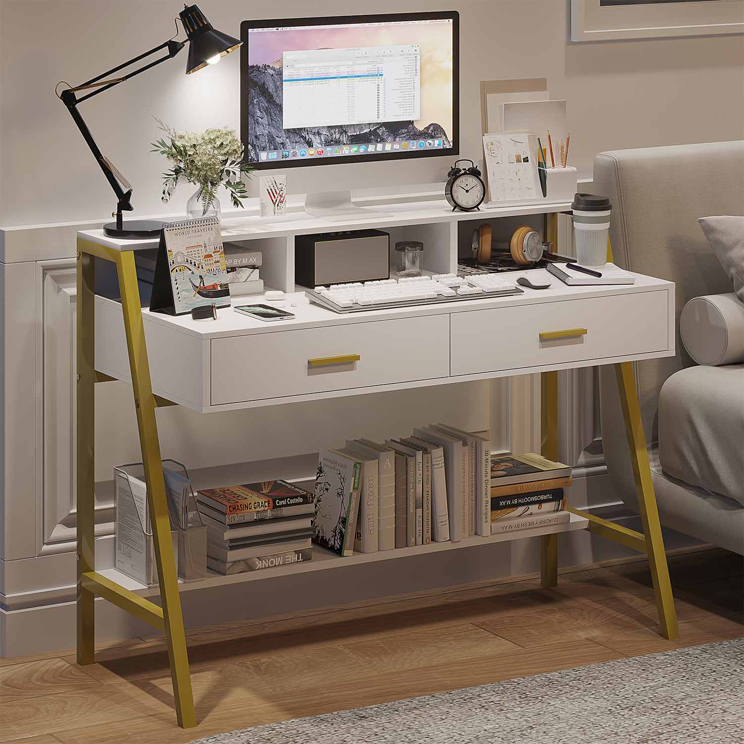 Sikaic Writing Desk Computer Desk with Drawers Monitor Stand Built-in Hutch White Gold