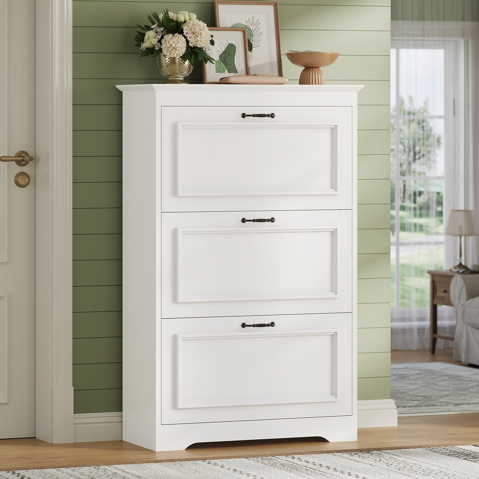 Sikaic Shoe Cabinet Shoe Cabinet with 3 Flip Drawers and Metal Flip Stand White White / Engineered Wood / Modern