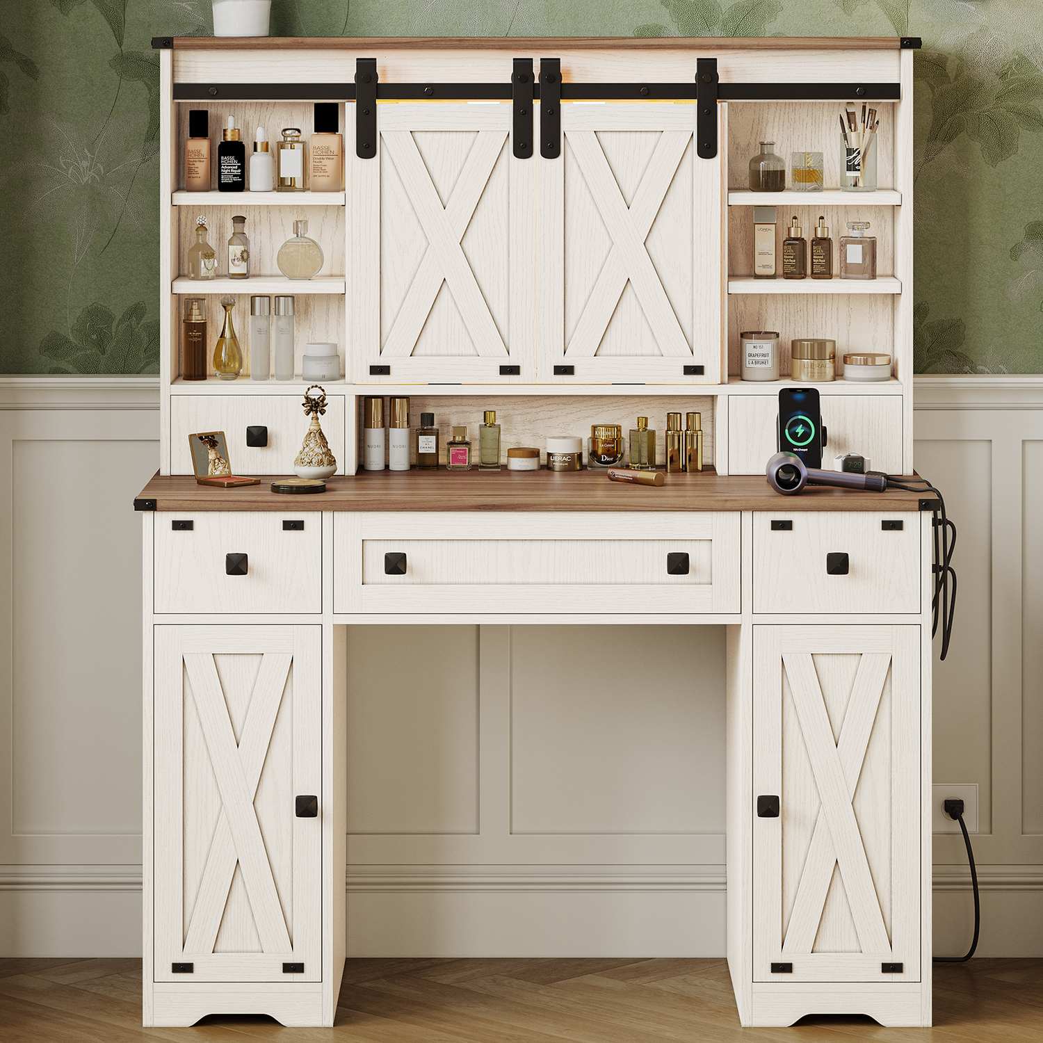 Sikaic Makeup Vanity Farmhouse Makeup Vanity Desk Mirror with Sliding Barn Door 3 Lighting Modes Adjustable and Charging Station White