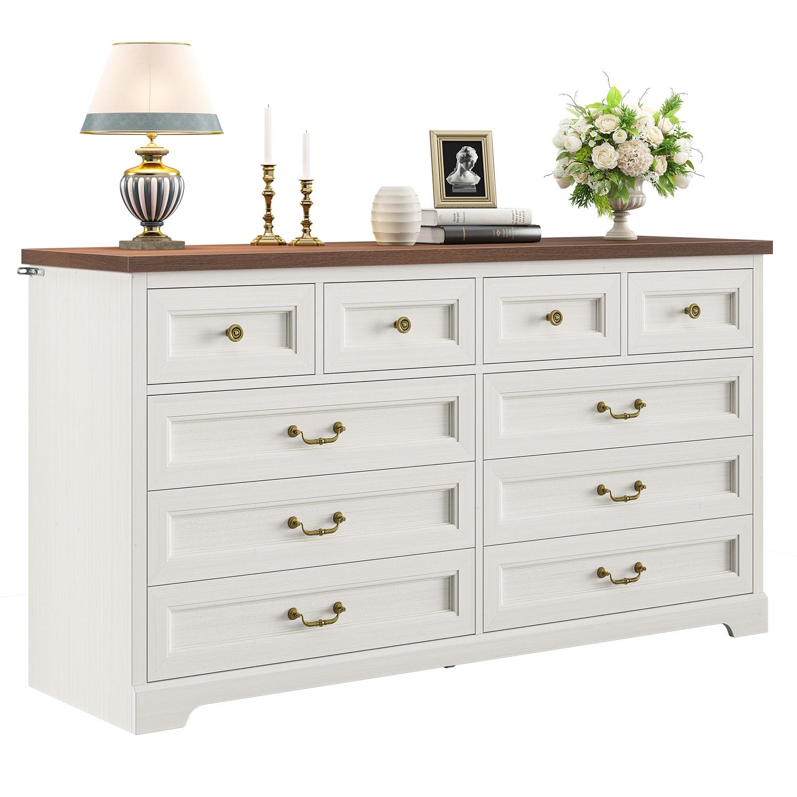 Sikaic Dresser 55 Inches 10 Drawers Dresser with Natural Texture and Vintage Handles White White / Engineered Wood / Modern