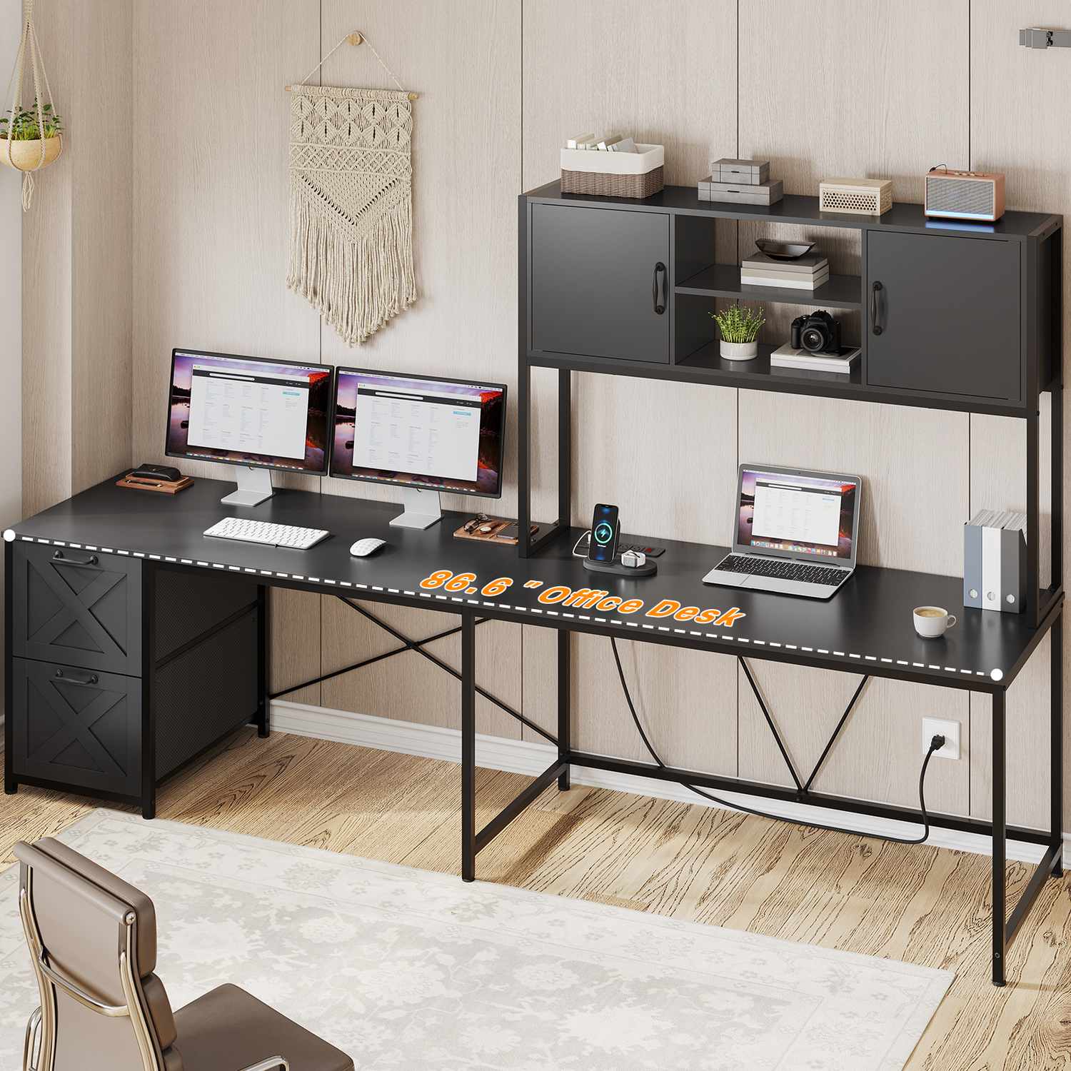 Sikaic Gaming Desk LED lights L Shaped Gaming Desk with Fabric File Drawers and Power Outlet Hutch & Storage Shelves Black