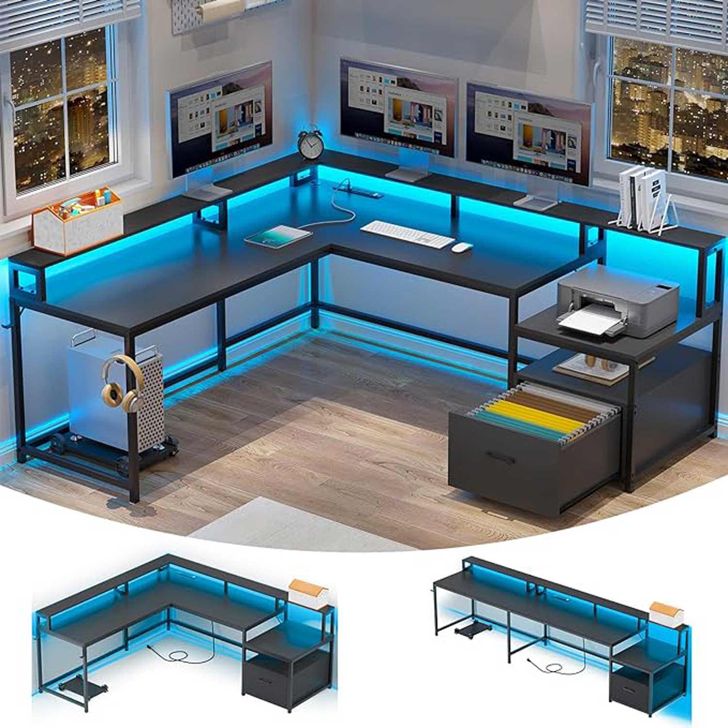 Sikaic Gaming Desk 66 Inches L Shaped Corner Two Person Gaming Desk with File Drawer Power Outlet Led Lights Monitor Shelf Black