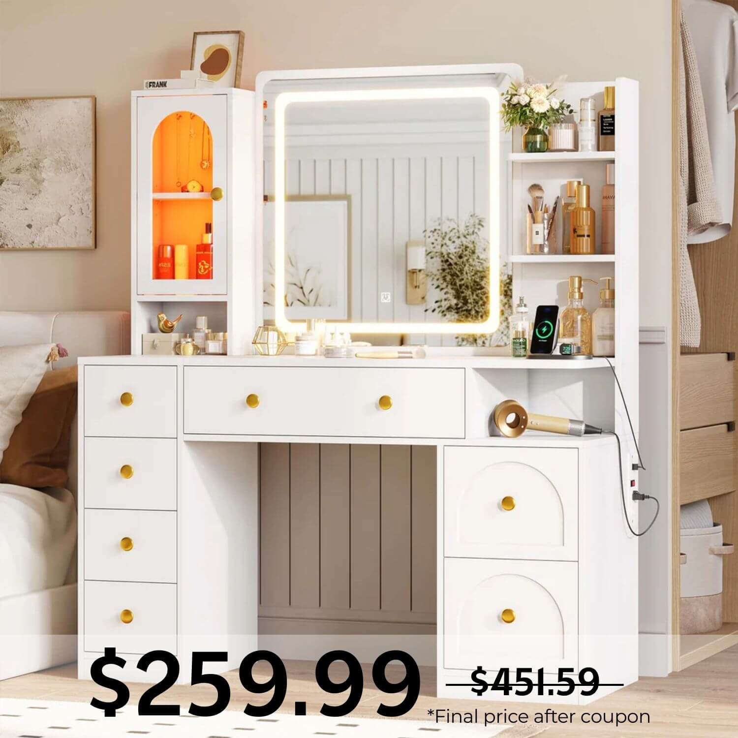Sikaic Makeup Vanity 43.3 Inches LED Makeup Vanity White White / Engineered Wood / Modern
