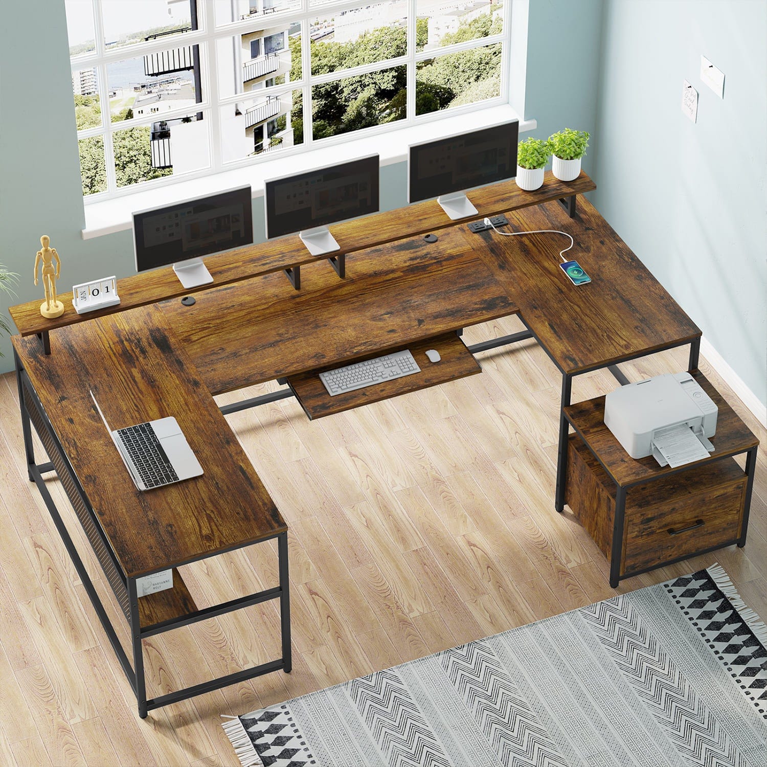 Sikaic Computer Desk 101.5 Inches U Shaped Reversible L Shaped Computer Desk with File Drawer Power Outlet Keyboard Tray Rustic Brown
