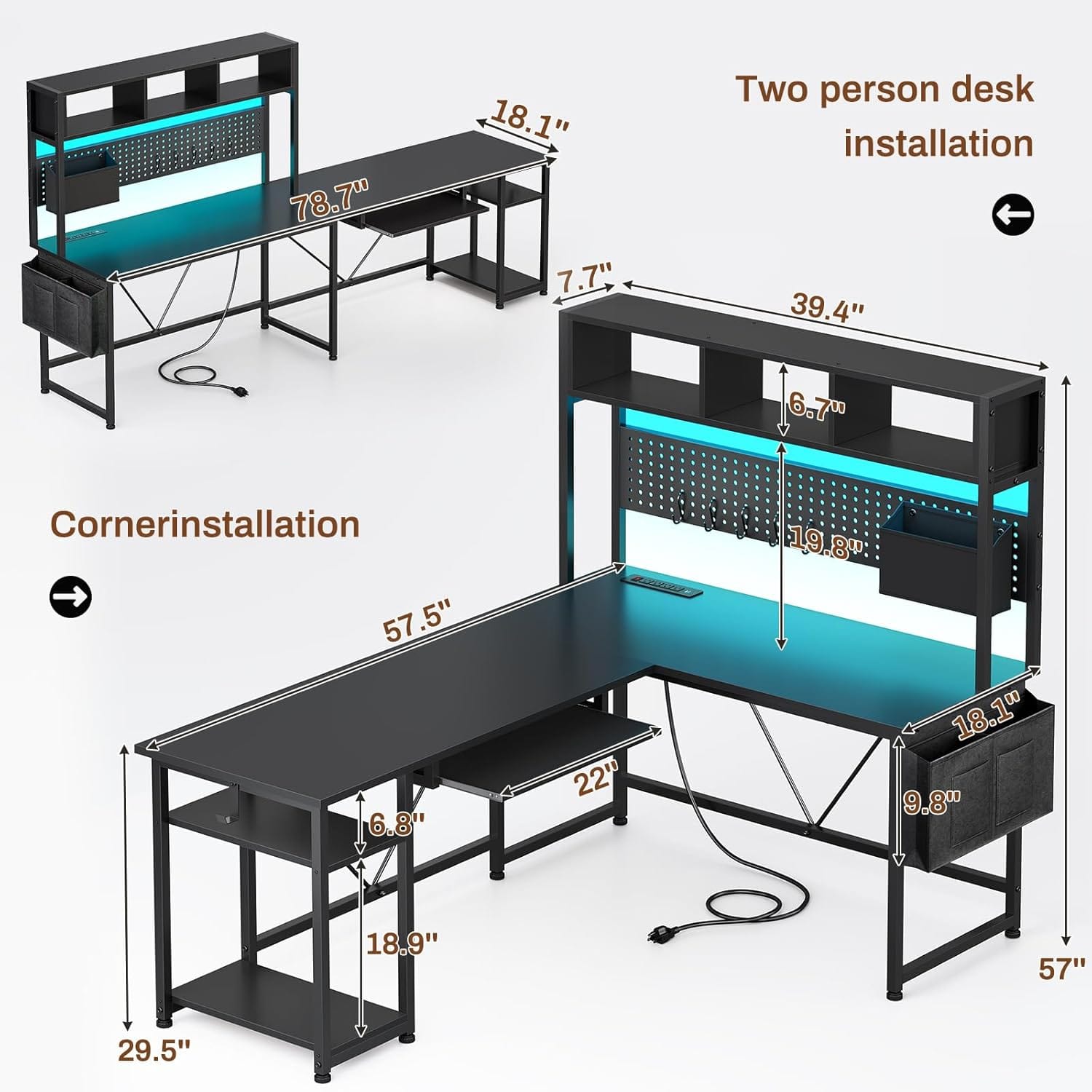 Sikaic Gaming Desk 57.5 Inches Reversible L Shaped Gaming Desk with LED Lights and Power Outlet Black Black / Engineered Wood / Modern