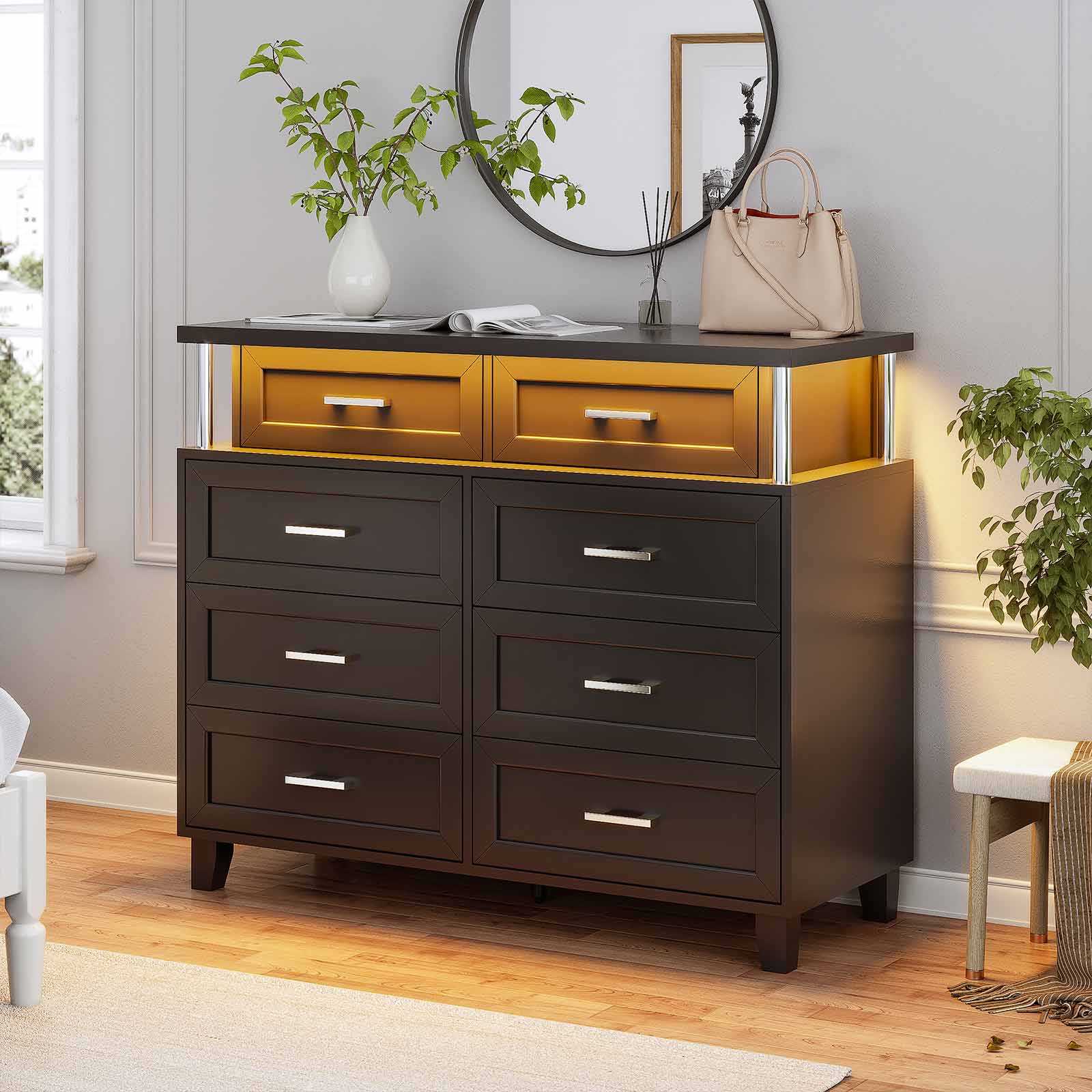 Sikaic Dresser 8 Drawers Dresser with Column Design & Led Lights Black