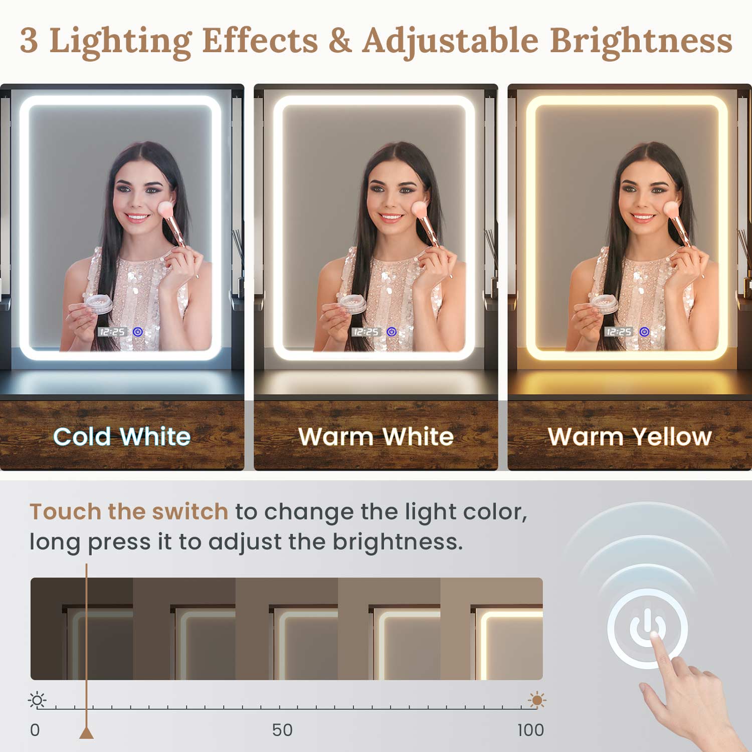Sikaic Makeup Vanity LED Makeup Vanity With Outlet Smart Mirror Drawers Vintage Brown