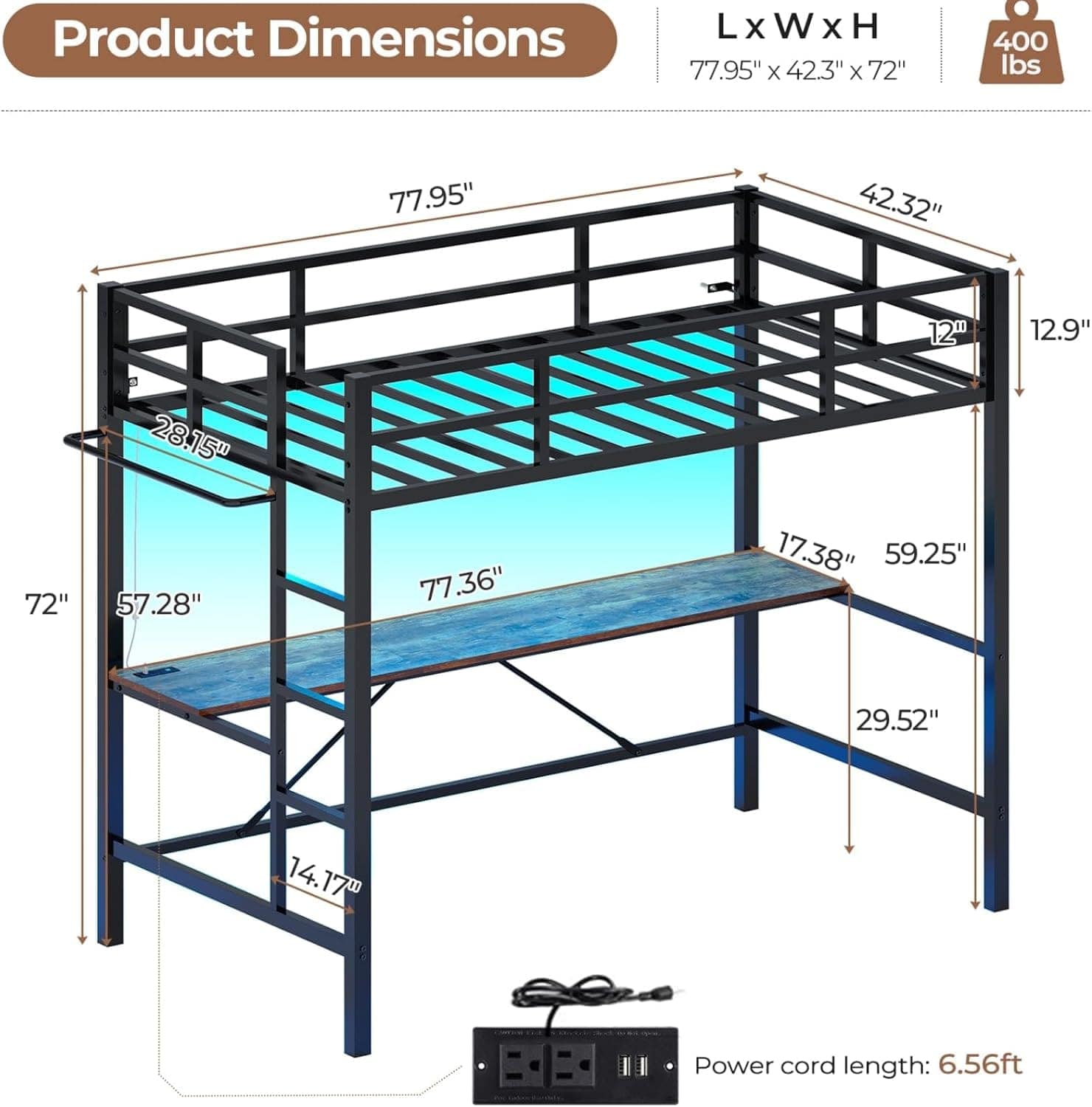 Sikaic Bed Frame Twin Size Metal Loft LED Lights Bed Frame with Des and Charging Station Guardrail & Ladder Black Black / Twin / Wood