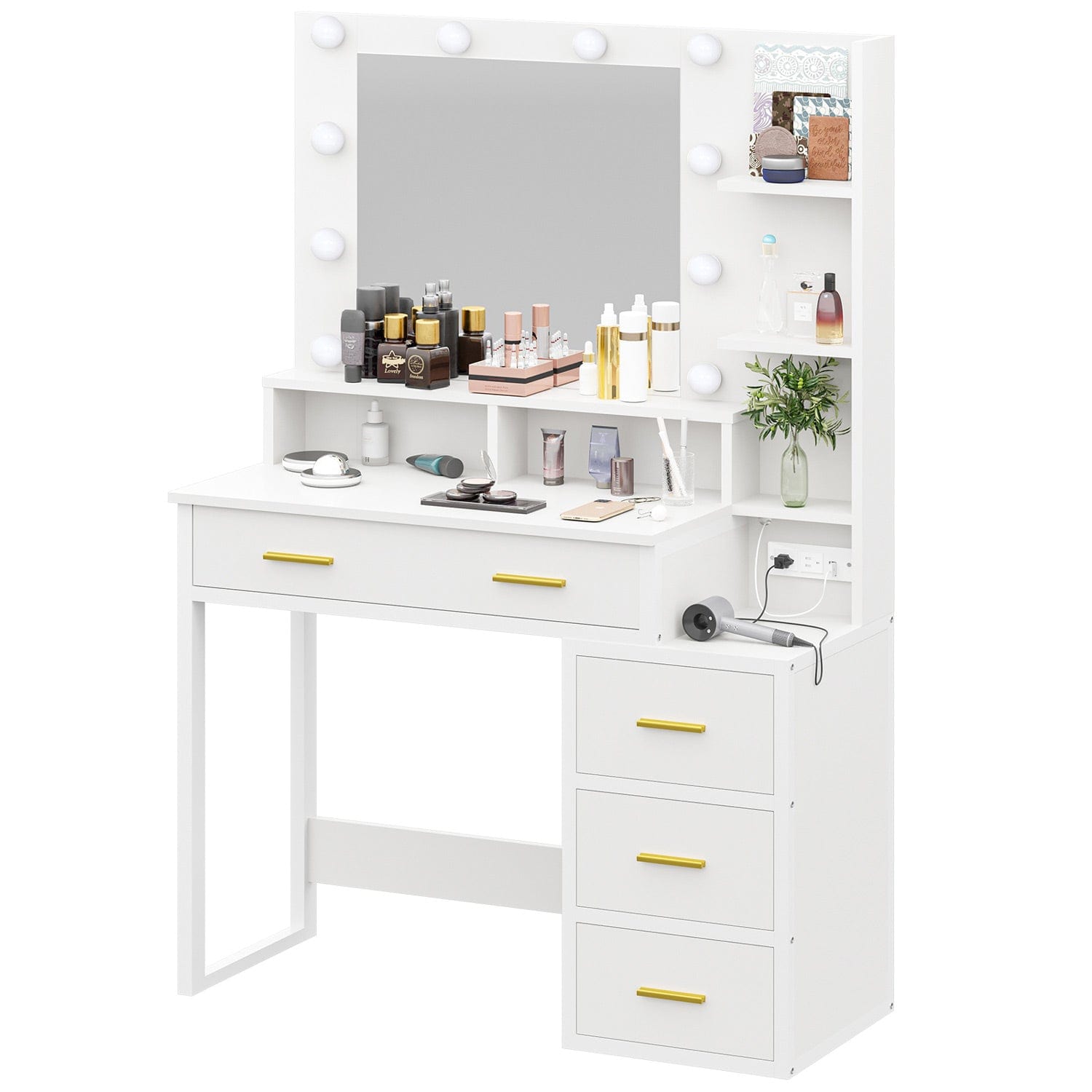 Sikaic Makeup Vanity Makeup Vanity with Lights Charging Station Mirror Drawers White