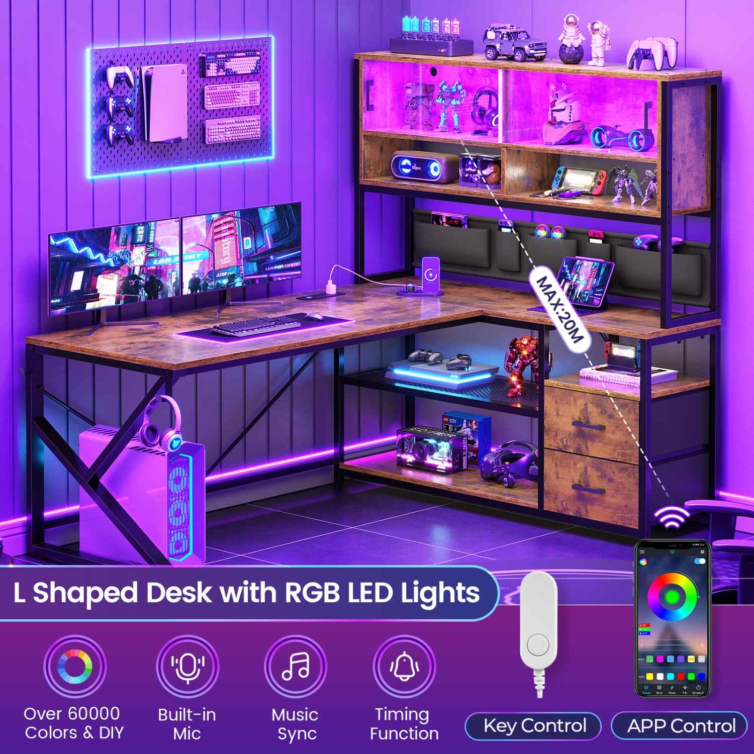 Sikaic Gaming Desk LED L Shaped Gaming Desk Brown Brown / Engineered Wood / Modern