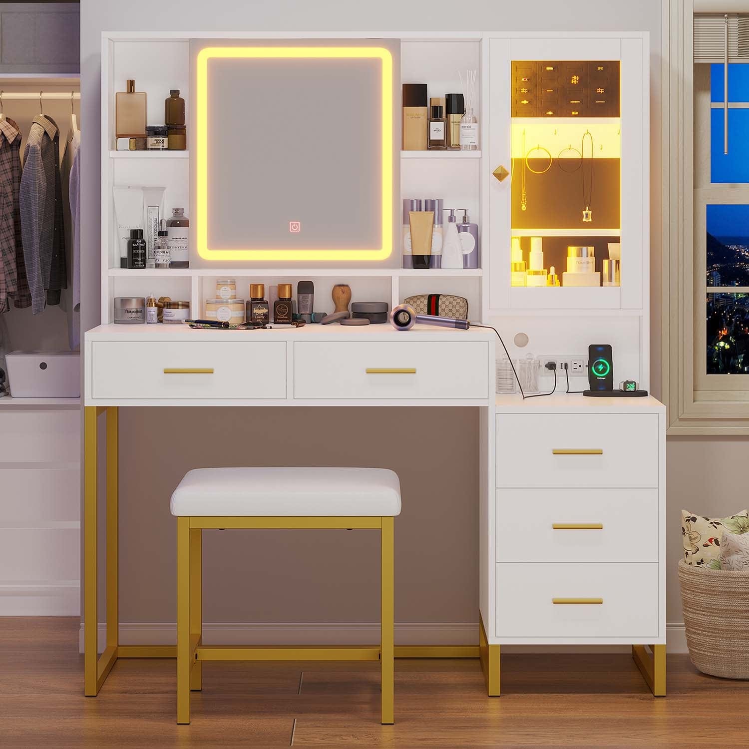 Sikaic Makeup Vanity Makeup Vanity Set with Mirror and Lights Charging Station RGB Jewelry Storage Shelves White