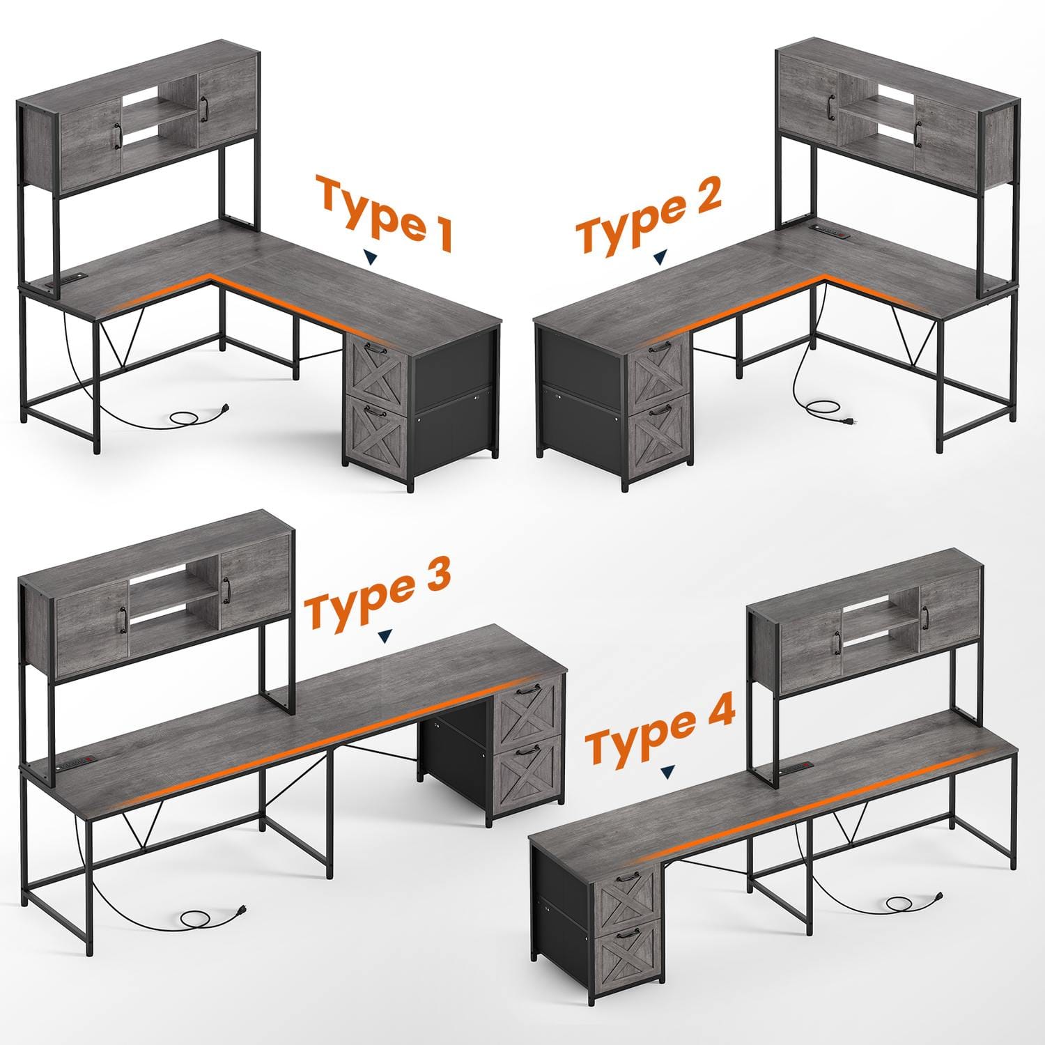 Sikaic Gaming Desk LED lights L Shaped Gaming Desk with Fabric File Drawers and Power Outlet Hutch & Storage Shelves Grey