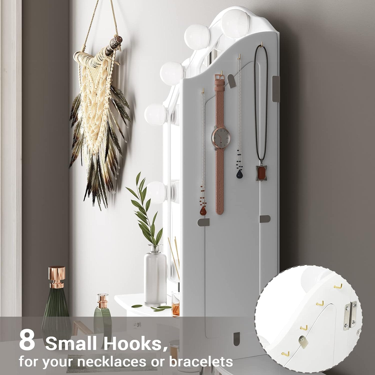 Sikaic Makeup Vanity Makeup Vanity Set with Stool and Lights Charging Station Tri-Fold Mirror & Necklace Hooks White
