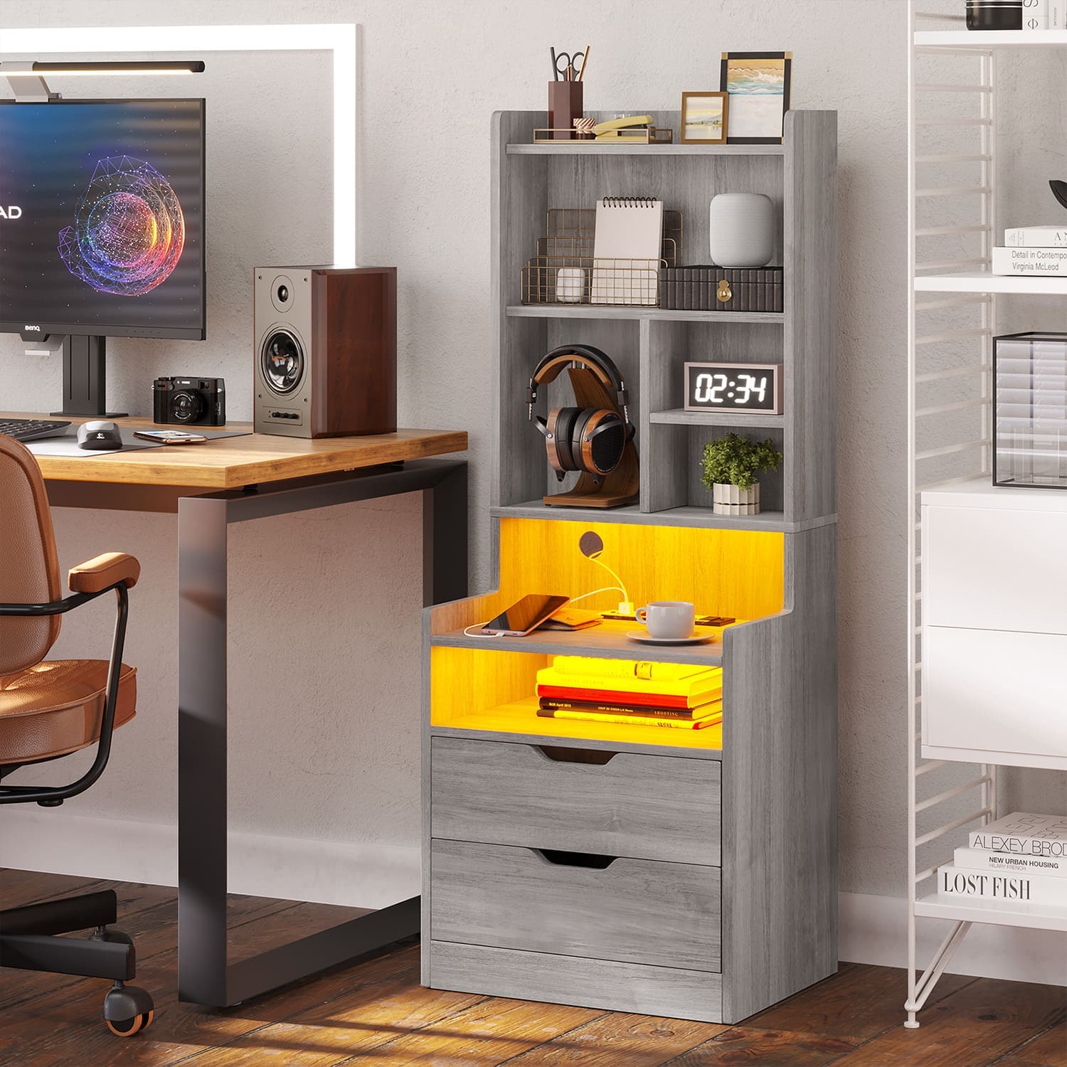 Sikaic Nightstand LED Nightstand with Bookshelf Charging Station Grey