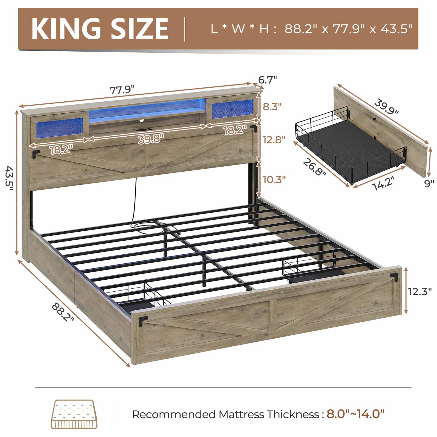 Sikaic Bed Frame Farmhouse Wooden Platform Bed Frame with Bookcase Sliding Door Headboard Drawers LED Lights Charging Station Rustic Oak