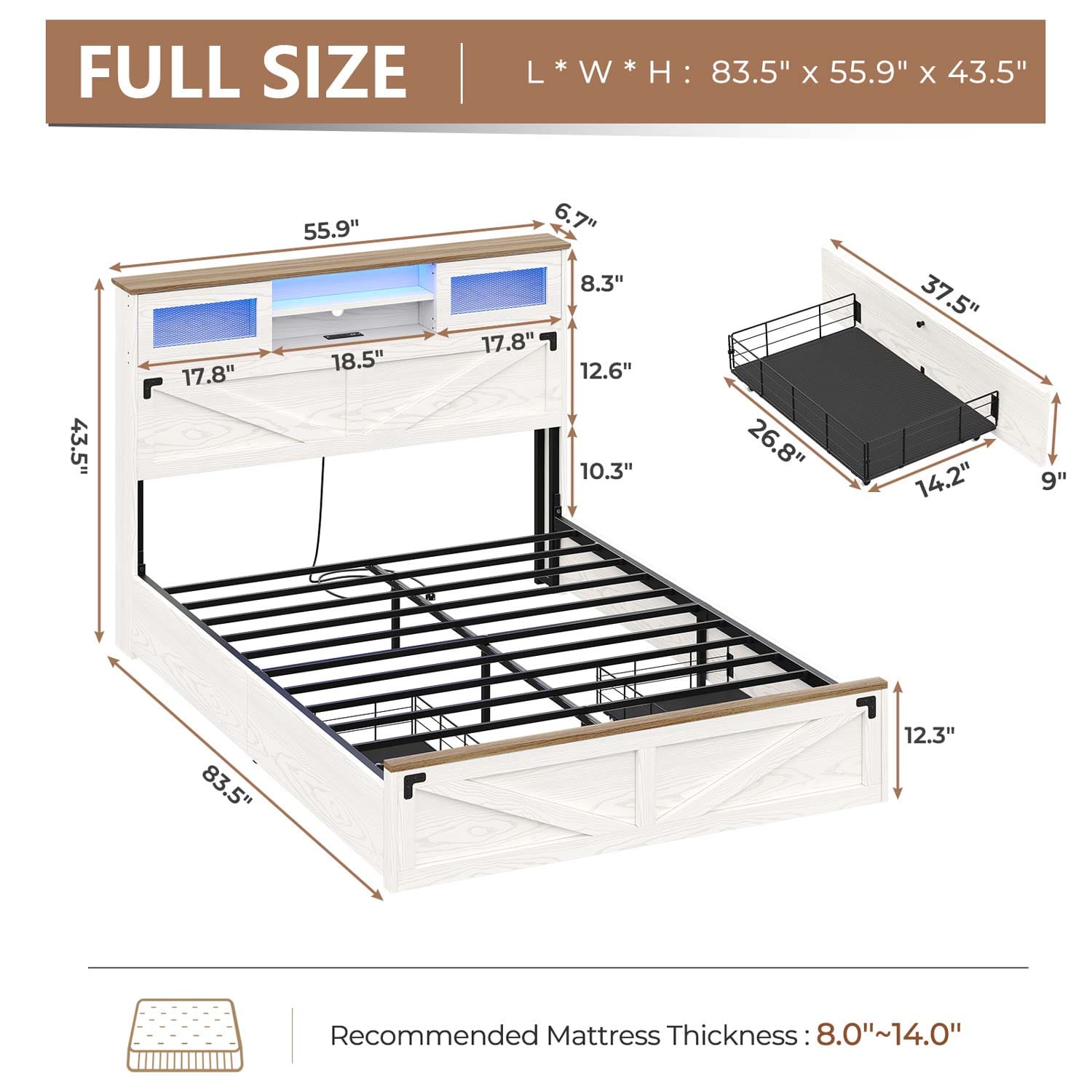 Sikaic Bed Frame Farmhouse Wooden Platform LED Lights Bed Frame with Bookcase Sliding Door Headboard Charging Station and 2 Drawers White