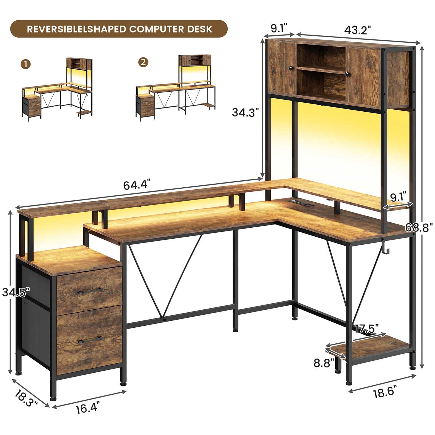 Sikaic Gaming Desk Reversible L-Shaped Led Gaming Desk With Power Outlets and Monitor Stand & 2 Drawers Brown Brown / Engineered Wood / Modern