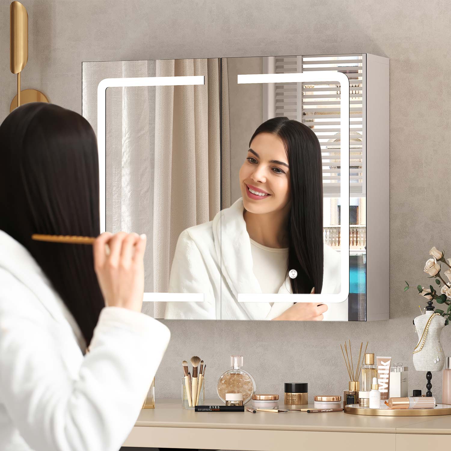 Sikaic Medicine Cabinet Led Double Doors Wall Mounted Medicine Cabinet with Mirror Cabinet Storage Organizer Adjustable Shelves White