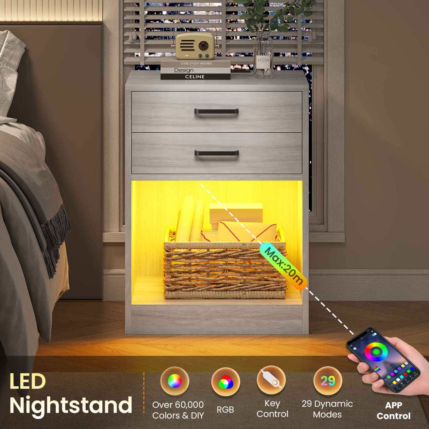 Sikaic Nightstand 2Pcs LED Nightstands with Charging Station Power Outlets and Drawers Grey Grey / Engineered Wood / Modern