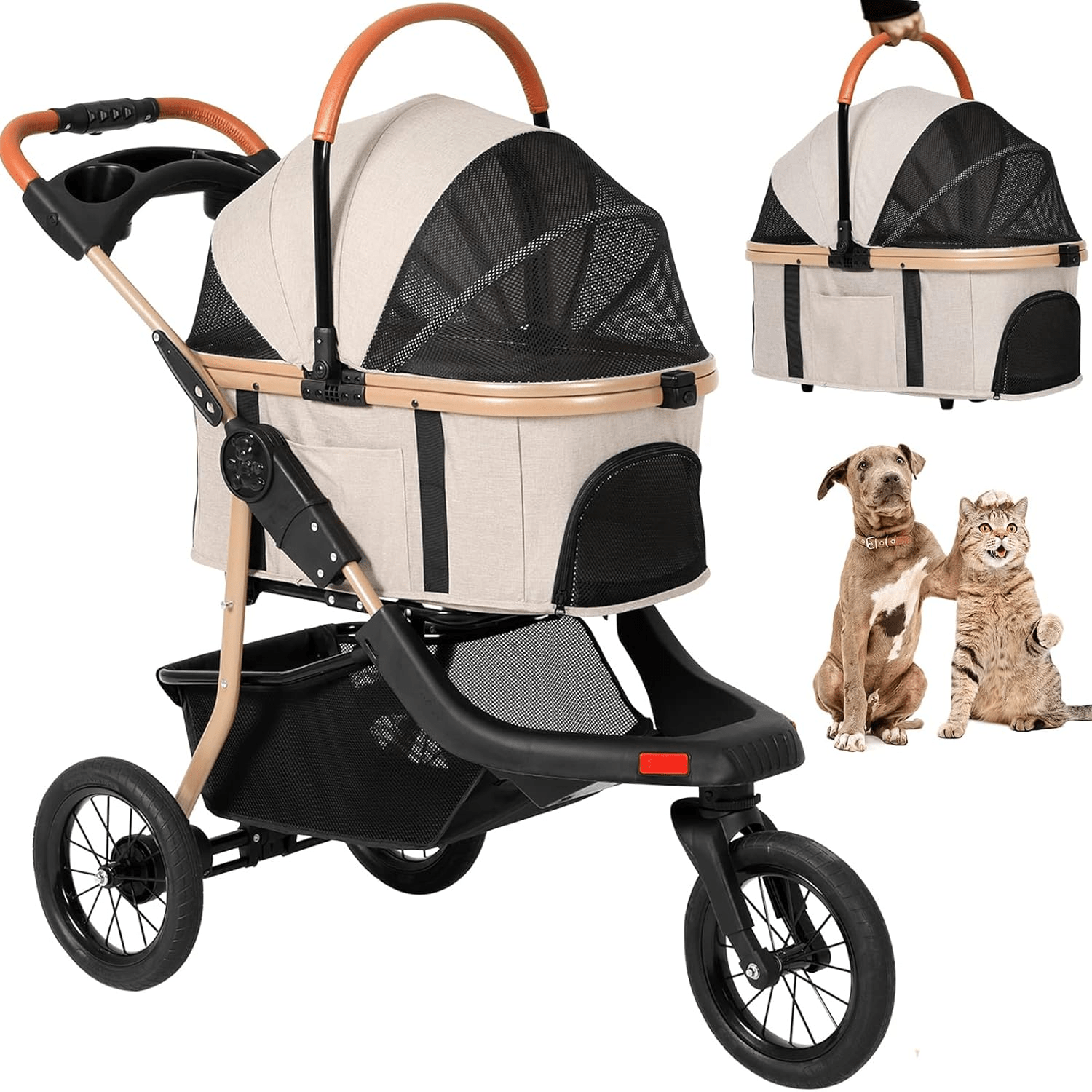 Sikaic Pet Stroller Pet Stroller One-Click Folding Frame Traveling Strolling Cart Khaki