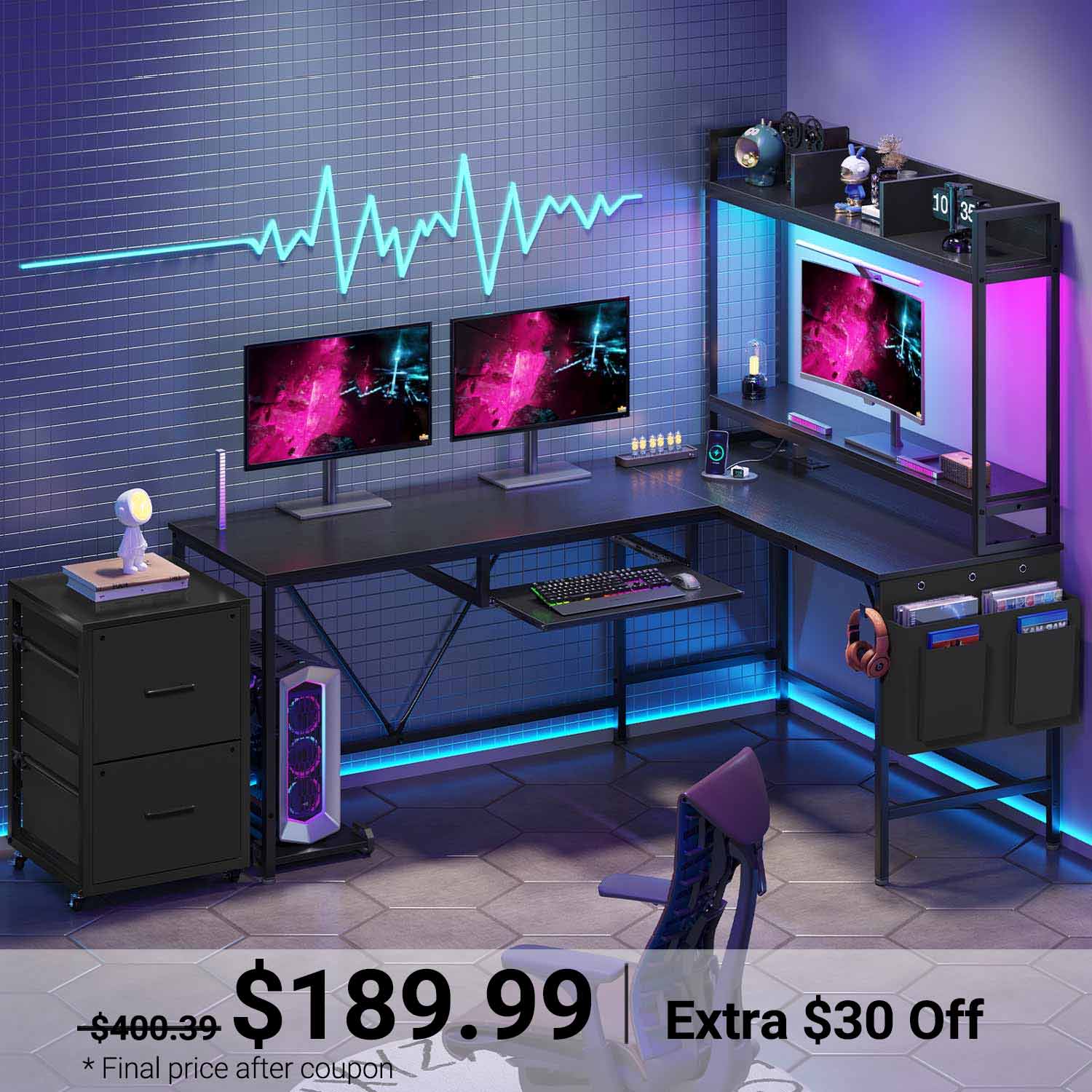Sikaic Gaming Desk Led L Shaped Reversible Corner Gaming Desk with Power Outlet & Drawer File Cabinet Keyboard Tray Black