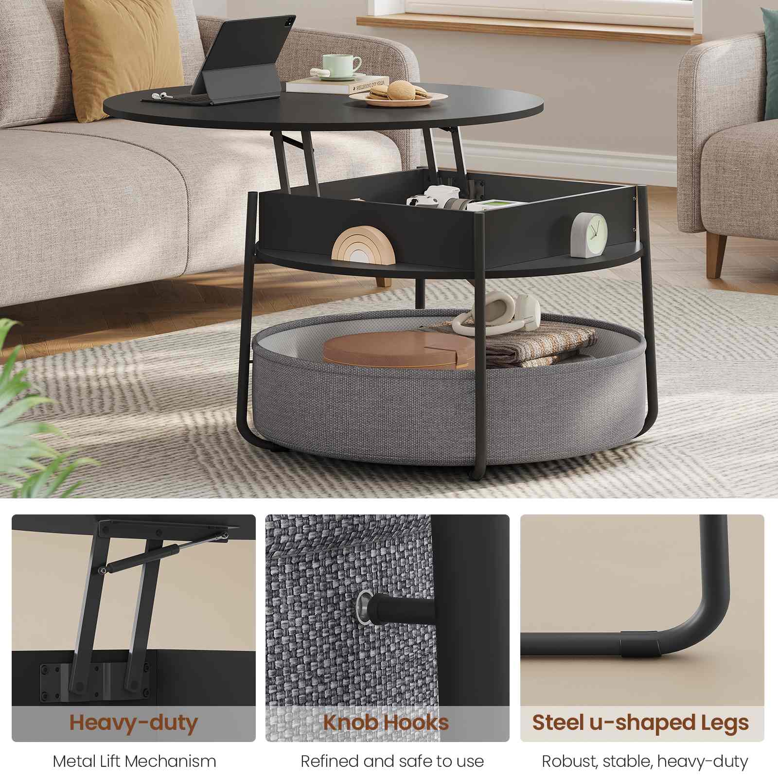 Sikaic Coffee Table Lift Top Round Coffee Table with Fabric Basket Black Black / Engineered Wood / Modern
