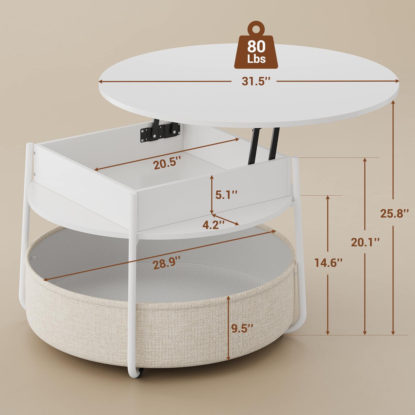 Sikaic Coffee Table Lift Top Round Coffee Table with Fabric Basket White White / Engineered Wood / Modern