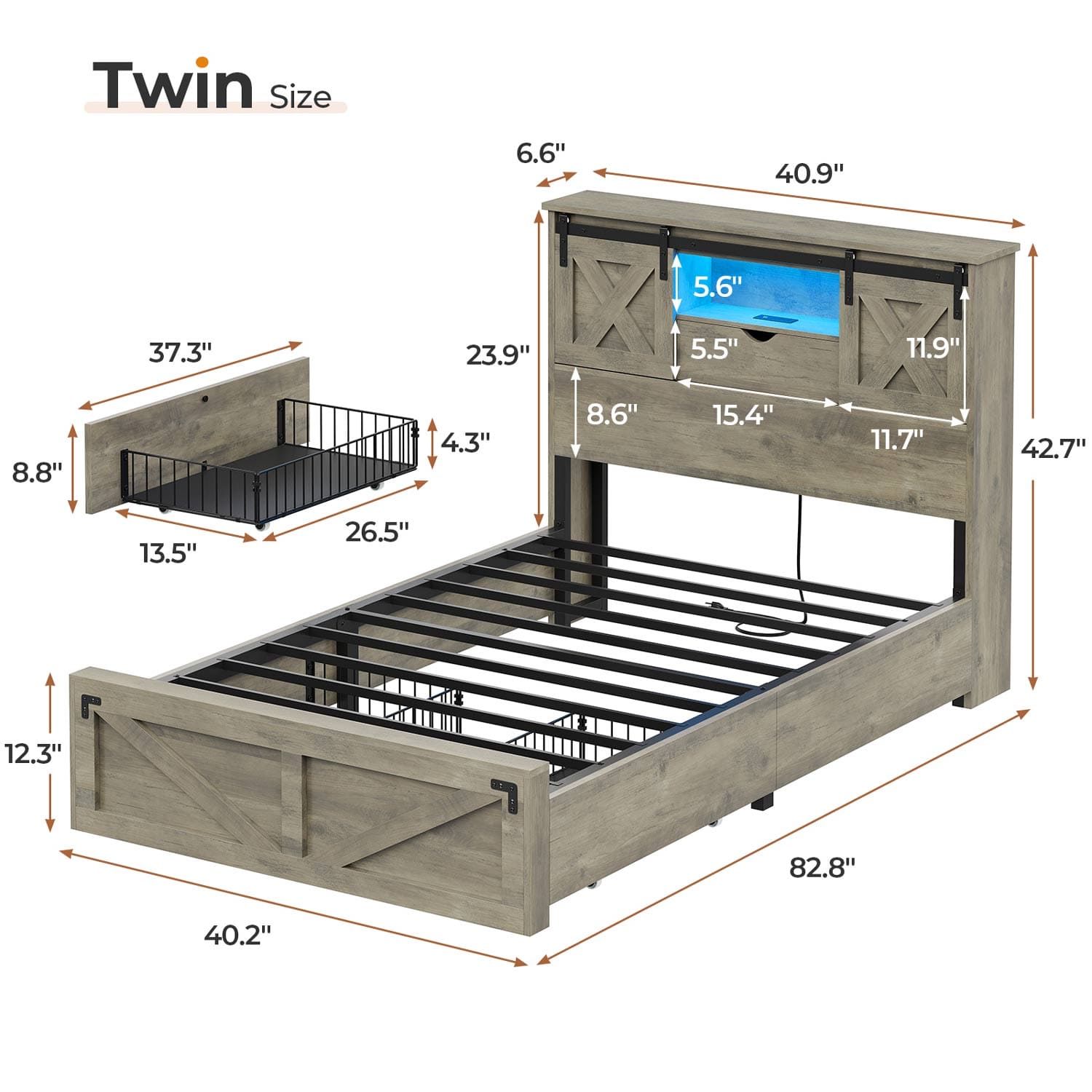 Sikaic Bed Frame Twin Size Bed Frame with 2 Storage Drawers and LED Lights Rustic Oak Grey / Engineered Wood / Farmhouse